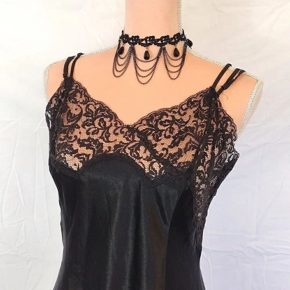 Victoria's Secret VTG 90s Black Satin Strappy Lace Top Mini Slip Dress Large - Picture 3 of 15